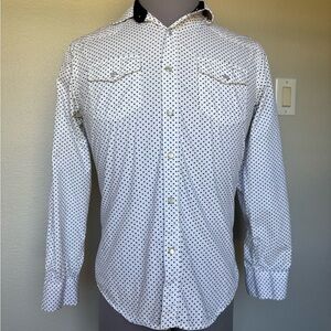 Platini Men's White Long-Sleeve Button-Down Shirt with Black Dot Print